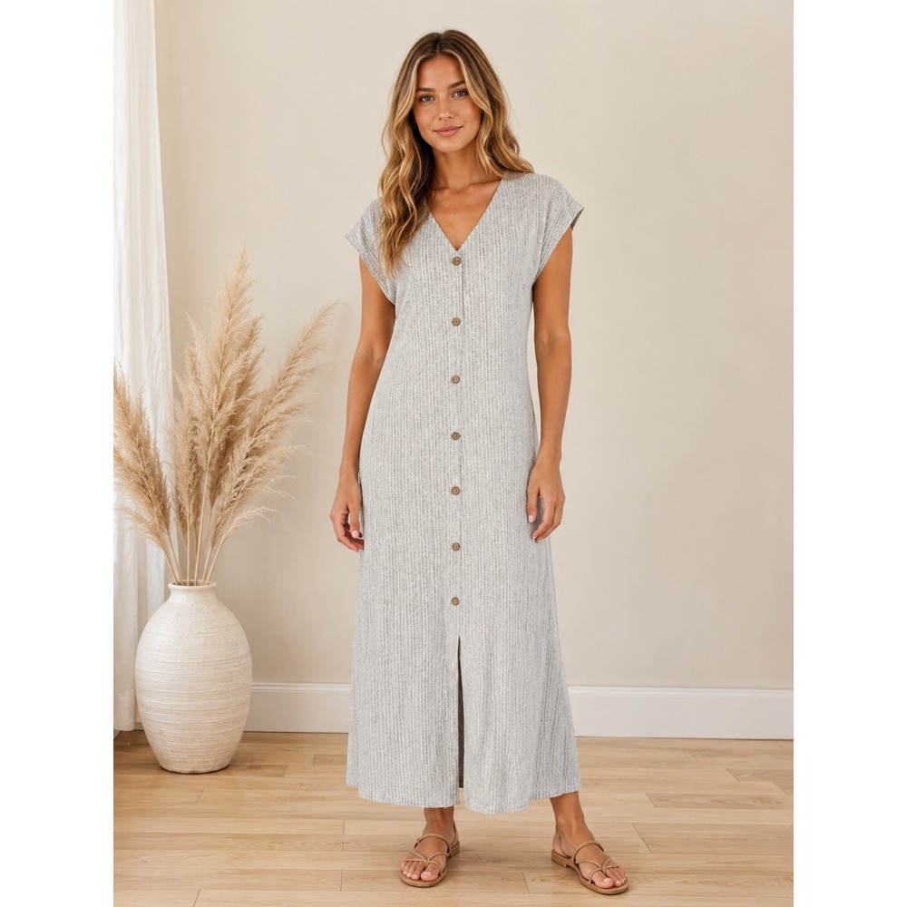 Caution to the Wind Textured Knit Midi Maxi Dress Large Gray Button Front